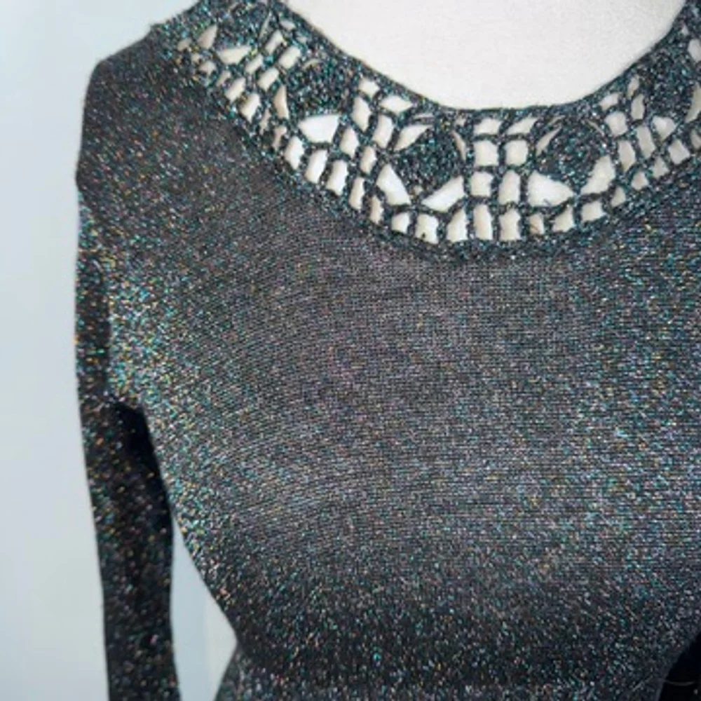 Vintage Black Metallic Shimmer Maxi Bodycon Dress Stretch Crochet Size S/M - Picture 12 of 14